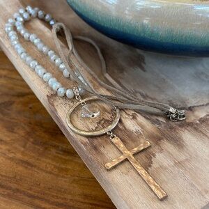 Handmade Gold Hammered Cross Necklace - Suede Cord & Iridescent Beads